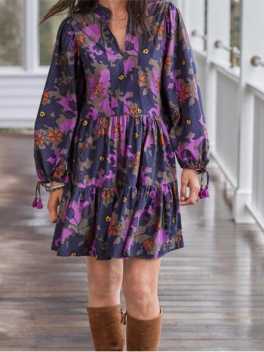 💜 Oliphant Floral Suzani Print Tiered Mini Dress Purple Navy Long Sleeve Medium